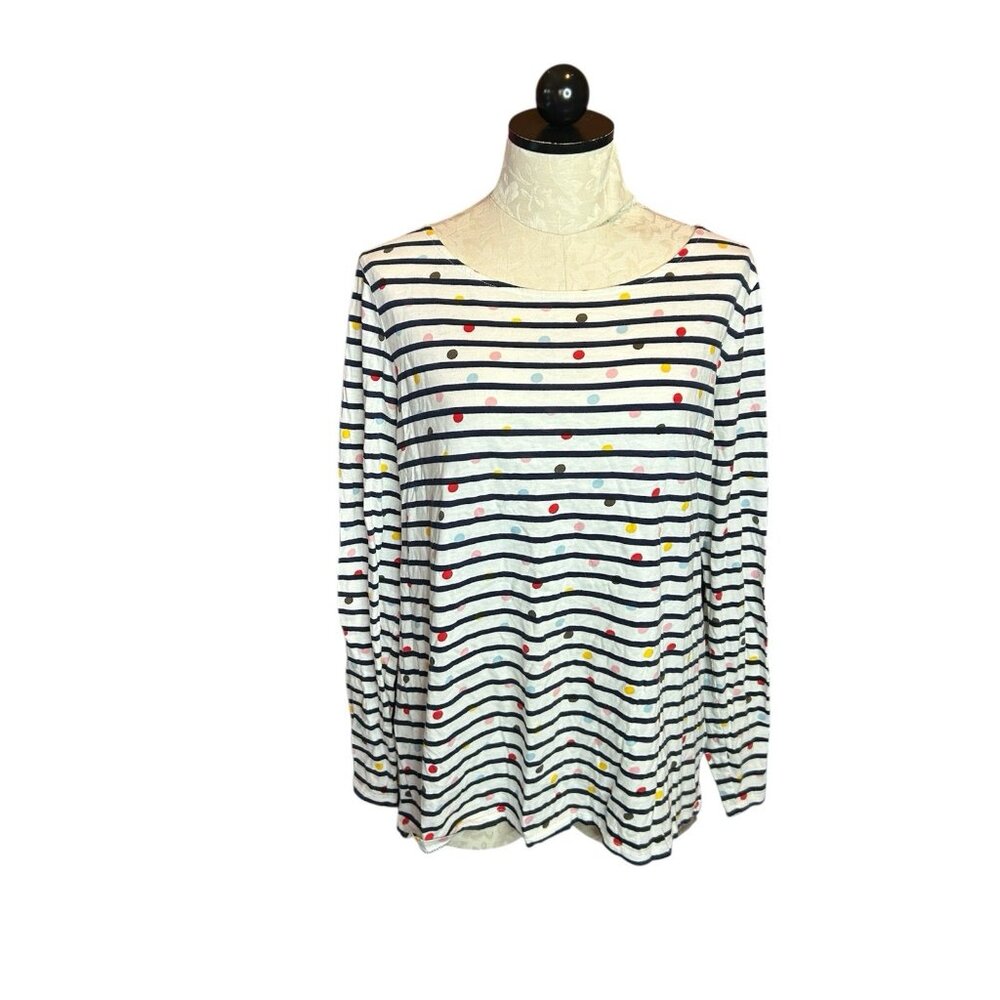 Boden Top Long Sleeve Stretch Knit Polka Dot & Striped‎ Navy Neckline US 12